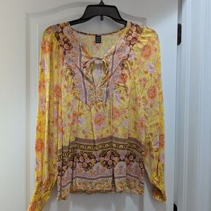 SHEIN Yellow Floral Tie-Neck Boho Blouse